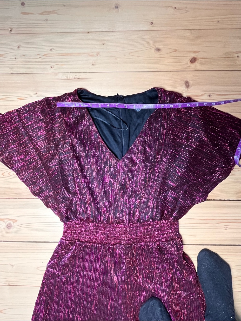 1.STATE Metallic Wine Burgundy Wide Leg Jumpsuit Flutter Sleeve - Picture 3 of 6